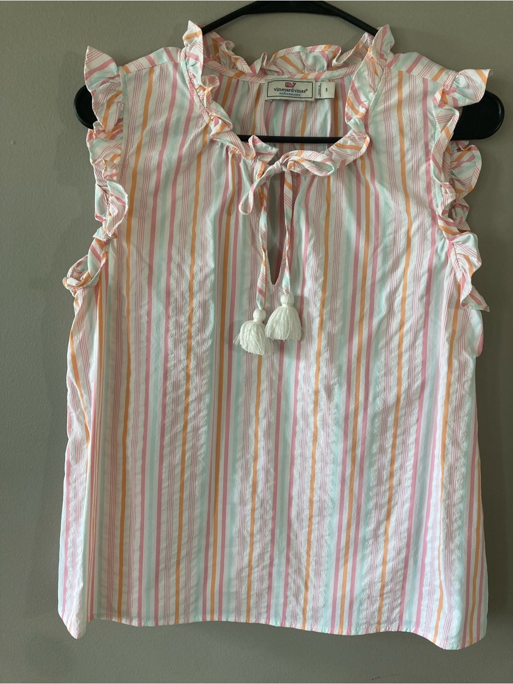 Vineyard Vines Performance Pastel Multi-Stripe Ruffle Tassel Top